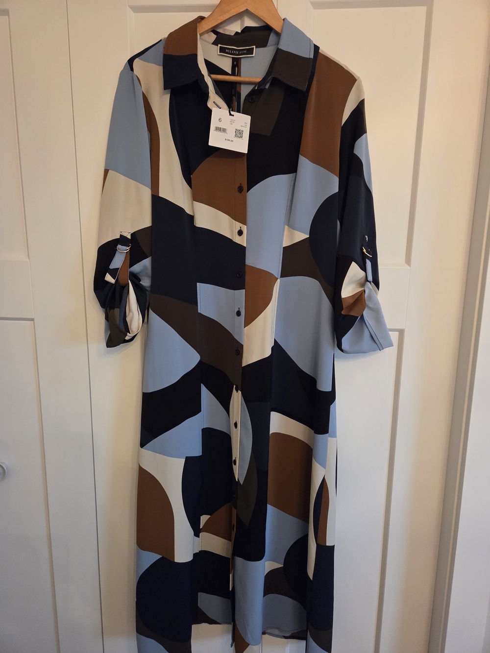 Geometric Print Shirt Dress in Blue, Tan, Black & Dark Green